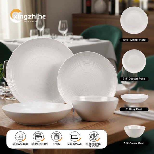 18/16/12 Pcs Luxury Embossed White Texture Stoneware Tableware Set Digital Printing Dishwasher Safe Eco-Friendly Microwave Oven