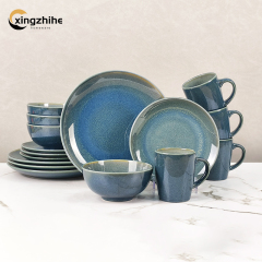 Blue Modern Ceramic Stoneware 16-Piece Dinnerware Set with Eco-Friendly Reactive Glaze Dishwasher & Oven Safe for Home Use