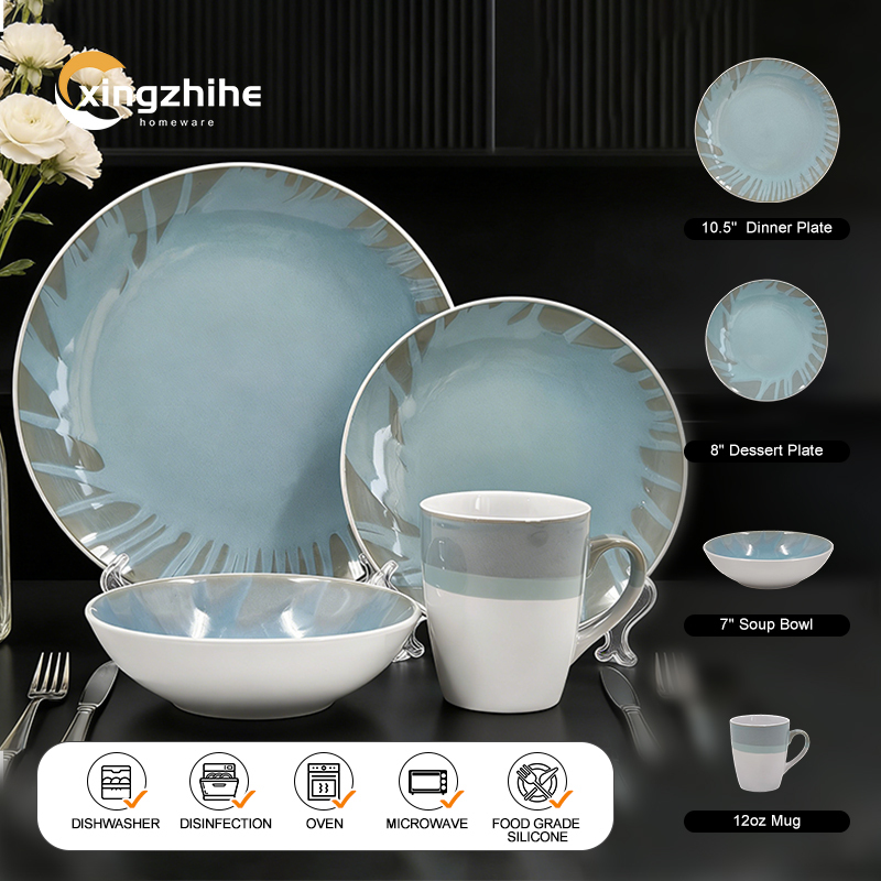 18/16/12 Pcs Luxury Blue Kiln Altered Glaze European Design Stoneware Tableware Set Dishwasher Safe Eco-Friendly BPA Free Home