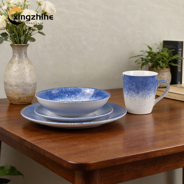 Luxury Kiln Altered Glaze Stoneware Dinnerware Sets Nordic Western Matt Blue Glazed Ceramic Cup Kit Dishwasher Safe