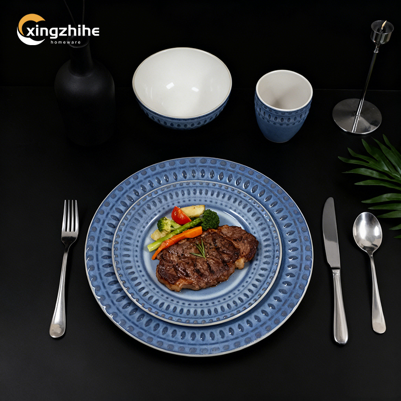 18/16/12/Piece Blue Luxury Europe Stoneware Dinnerware Sets Custom Matte Glaze Dinner Salad Plates Mugs Subtle Vertical Ribbing