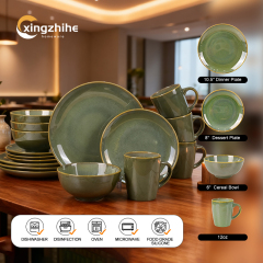 Green Modern Ceramic Stoneware 16-Piece Dinnerware Set with Eco-Friendly Reactive Glaze Dishwasher & Oven Safe for Home Use