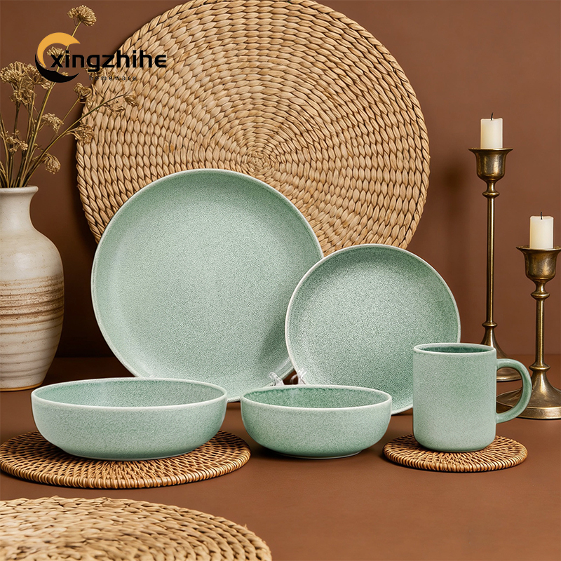18/16/12/Piece Green Luxury Europe Stoneware Dinnerware Sets Custom Matte Glaze BPA Free Heat Resistant Dinner/Salad Plates Mugs