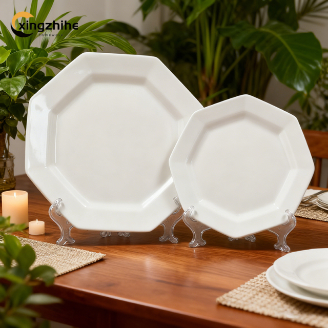 18/16/12-Piece Eco-Friendly Ceramic Tableware SetRegular Octagon White Dishes Plates Dishwasher & Oven Safe
