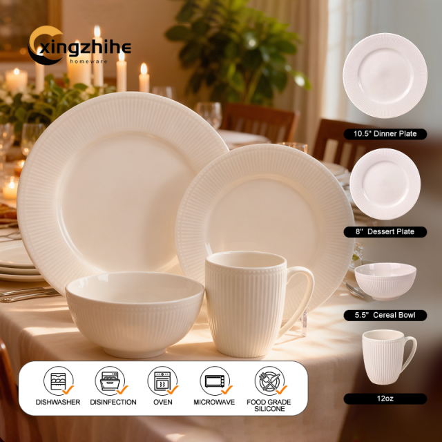 Custom-designed 18/16/12/-Piece Ceramic Tableware Set Relief Style Eco-Friendly Dishwasher Safe BPA Free Oven Safe for Home