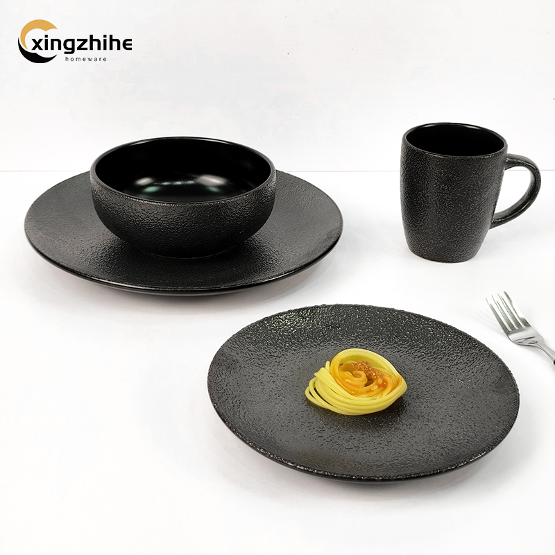 Aesthetic Black Customized Eco-Friendly Microwave Safe Round Bowl Plate Coffee Mug Hotel Ceramic Dinnerware Set
