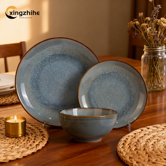 Blue Modern Ceramic Stoneware 16-Piece Dinnerware Set Eco-Friendly Reactive Glaze Microwave Freezer Safe for Food Use