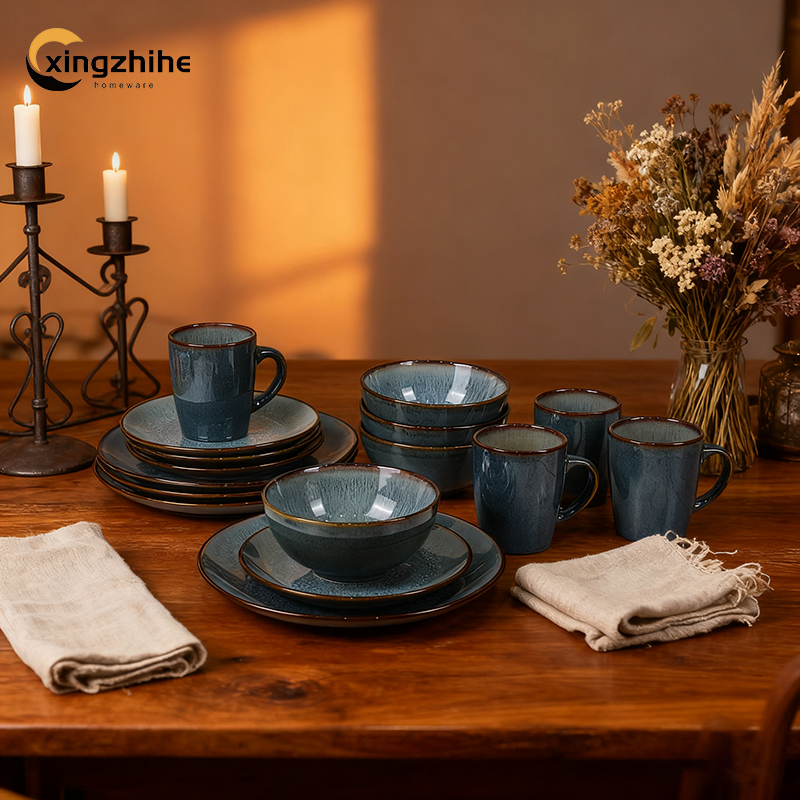Blue Modern Ceramic Stoneware 16-Piece Dinnerware Set Eco-Friendly Reactive Glaze Microwave Freezer Safe for Food Use