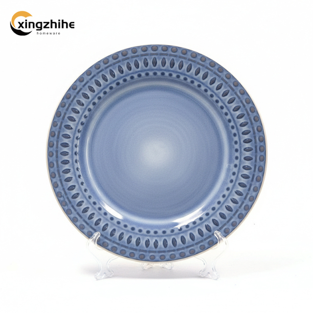 18/16/12/Piece Blue Luxury Europe Stoneware Dinnerware Sets Custom Matte Glaze Dinner Salad Plates Mugs Subtle Vertical Ribbing