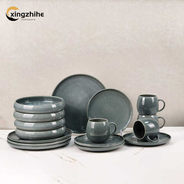 18/16/12/Piece Wholesale Price Custom Nordic Gray Reactive Glaze Stoneware Dinnerware Set Eco-Friendly Dishwasher Safe Hotels