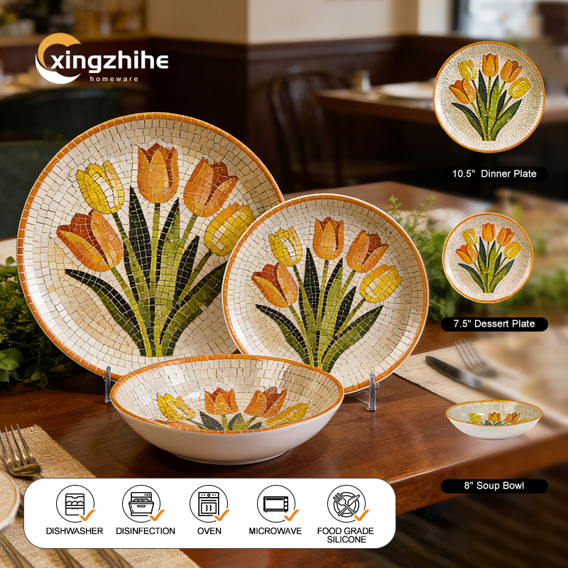 18/16/12 Pcs Stoneware Tableware Set with Digital Printing Dishwasher Safe & Eco-Friendly Microwave & Oven Safe