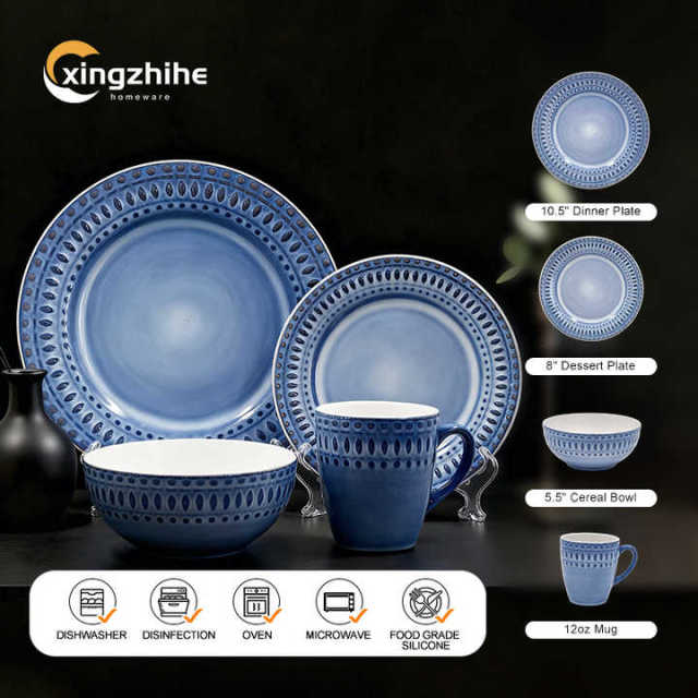 18/16/12/Piece Blue Luxury Europe Stoneware Dinnerware Sets Custom Matte Glaze Dinner Salad Plates Mugs Subtle Vertical Ribbing