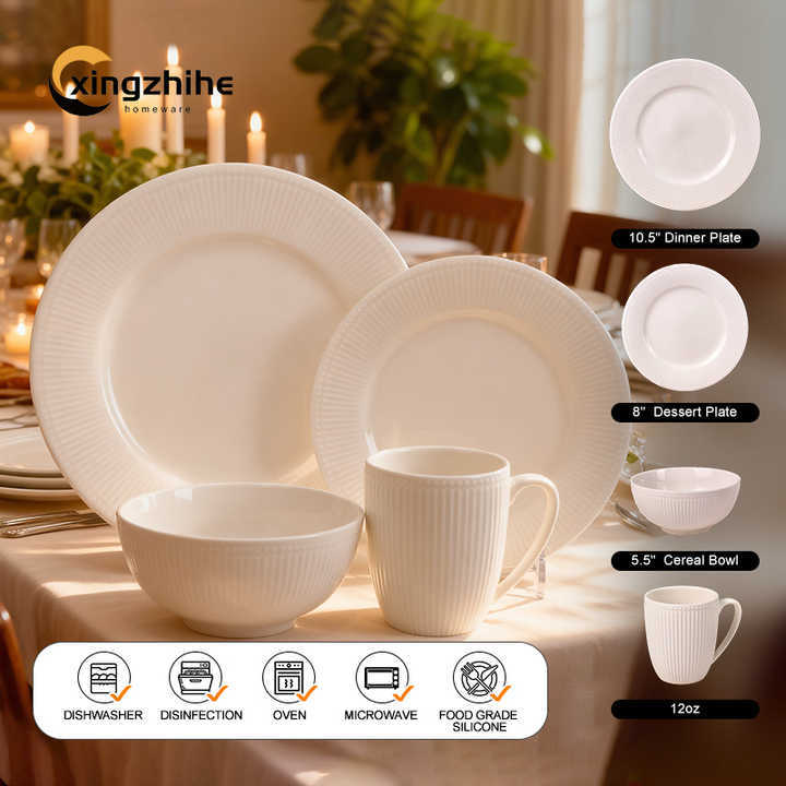 Custom-designed 18/16/12/-Piece Ceramic Tableware Set Relief Style Eco-Friendly Dishwasher Safe BPA Free Oven Safe for Home