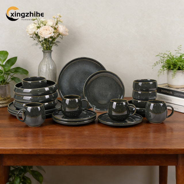18/16/12-Piece Luxury Gray Speckled Vintage Stoneware Dinnerware Sets-Dishwasher Safe Eco-Friendly BPA Free