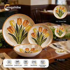 18/16/12 Pcs Stoneware Tableware Set with Digital Printing Dishwasher Safe & Eco-Friendly Microwave & Oven Safe