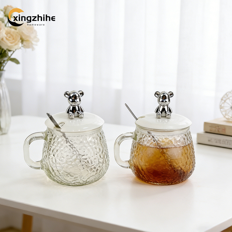 New Creativity 350ml Hammered Glass Water Bottle with Cartoon Bear Cap and Straw - Coffee and Milk Cup for Women's Preference