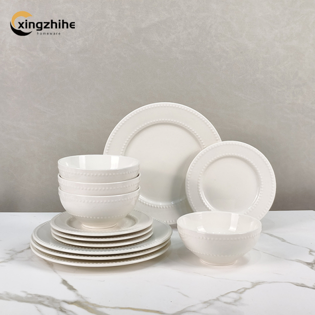 Custom-designed 18/16/12/-Piece Ceramic Plate Set in Relief Style Eco-Friendly Dishwasher Safe for Home & Hotel Kitchens