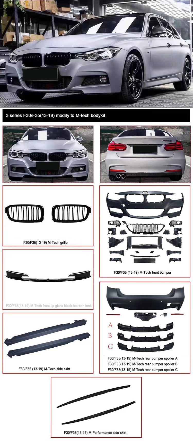 Smart Car Accessories M Tech Primer Front Rear Bumper Side Skirts Grille Body Kits Bodykit for BMW 3 Series F30 2012-2018,www.hongyangcorp.com,Smart Car Accessories M Tech Primer Front Rear Bumper Side Skirts Grille Body Kits Bodykit for BMW 3 Series F30 2012-2018
