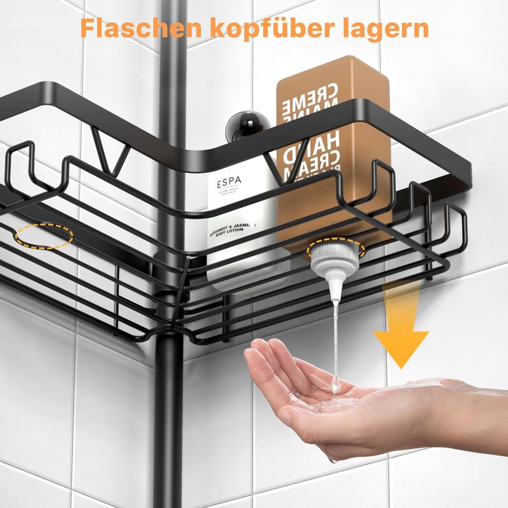 KEGIl Corner Shower Tension Bar - Shower Tension Bar Storage Rack, Floor-to-Ceiling Shower Rack 25-115 inches (approx. 63.5-290.1 ​​cm), Waterproof Corner Towel Rack, Black