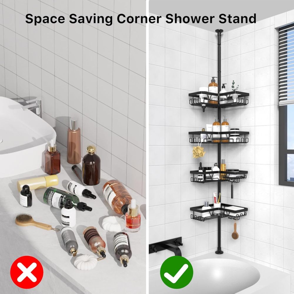 KEGIl Corner Shower Tension Bar - Shower Tension Bar Storage Rack, Floor-to-Ceiling Shower Rack 25-115 inches (approx. 63.5-290.1 ​​cm), Waterproof Corner Towel Rack, Black