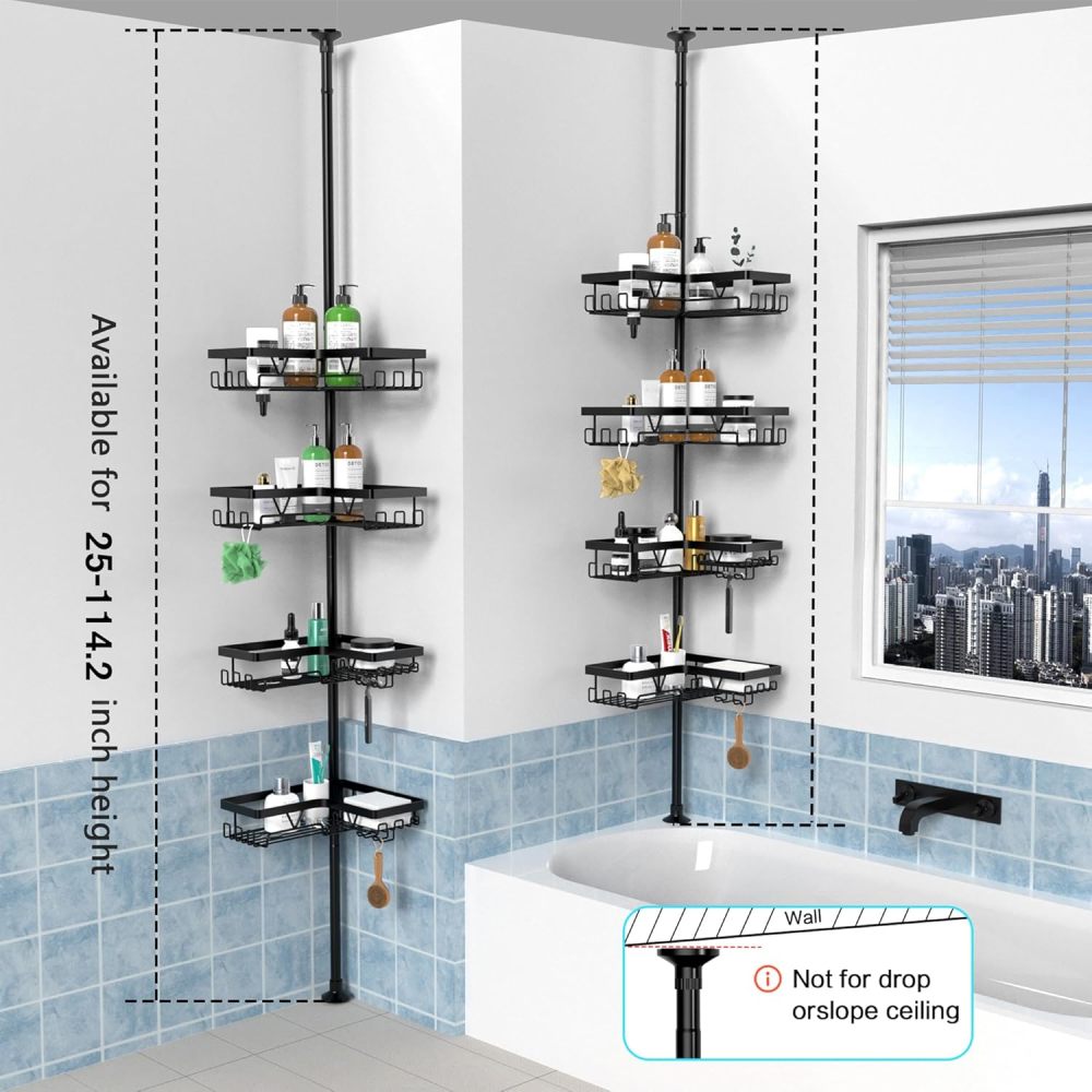 KEGIl Corner Shower Tension Bar - Shower Tension Bar Storage Rack, Floor-to-Ceiling Shower Rack 25-115 inches (approx. 63.5-290.1 ​​cm), Waterproof Corner Towel Rack, Black