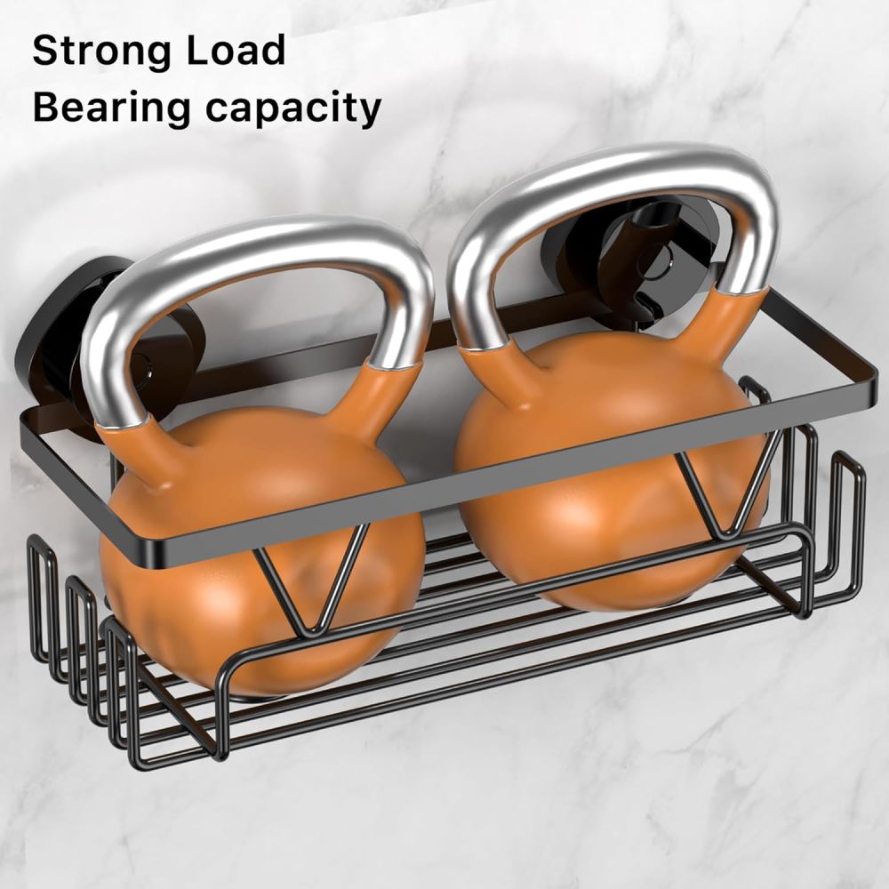 KEGII Shower Holder Suction Cup – Detachable suction cup bathroom organizer with soap holder, razor holder and hooks, rust-proof shower storage, no-drill black bathroom storage basket