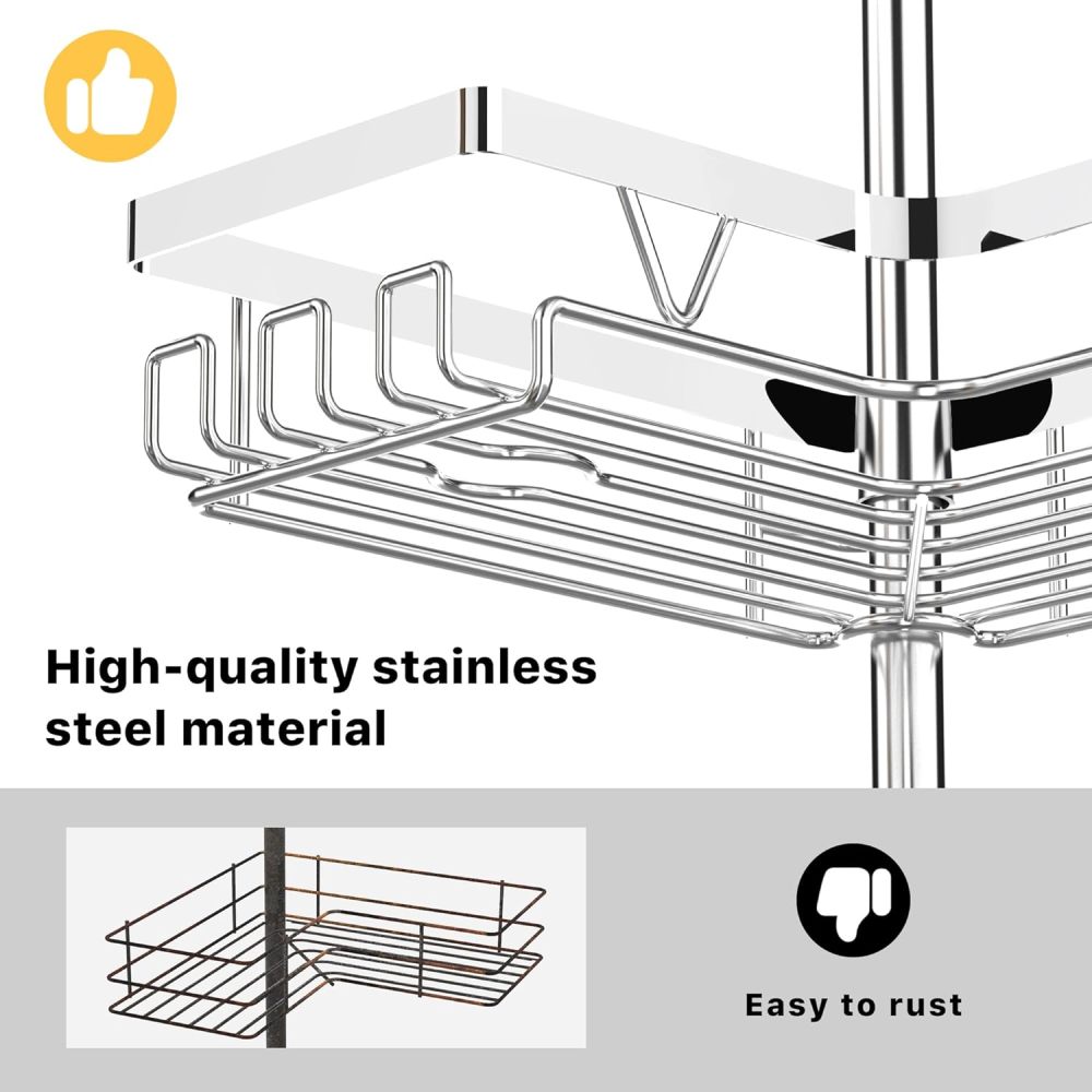 KEGII Corner Shower Tension Bar - Chrome-plated 4-tier Adjustable Shower Tension Bar Storage Rack with Hooks and Soap Holder, 25-114.2 inch Stainless Steel Shower Storage Rack, Suitable for Tenants and Families.
