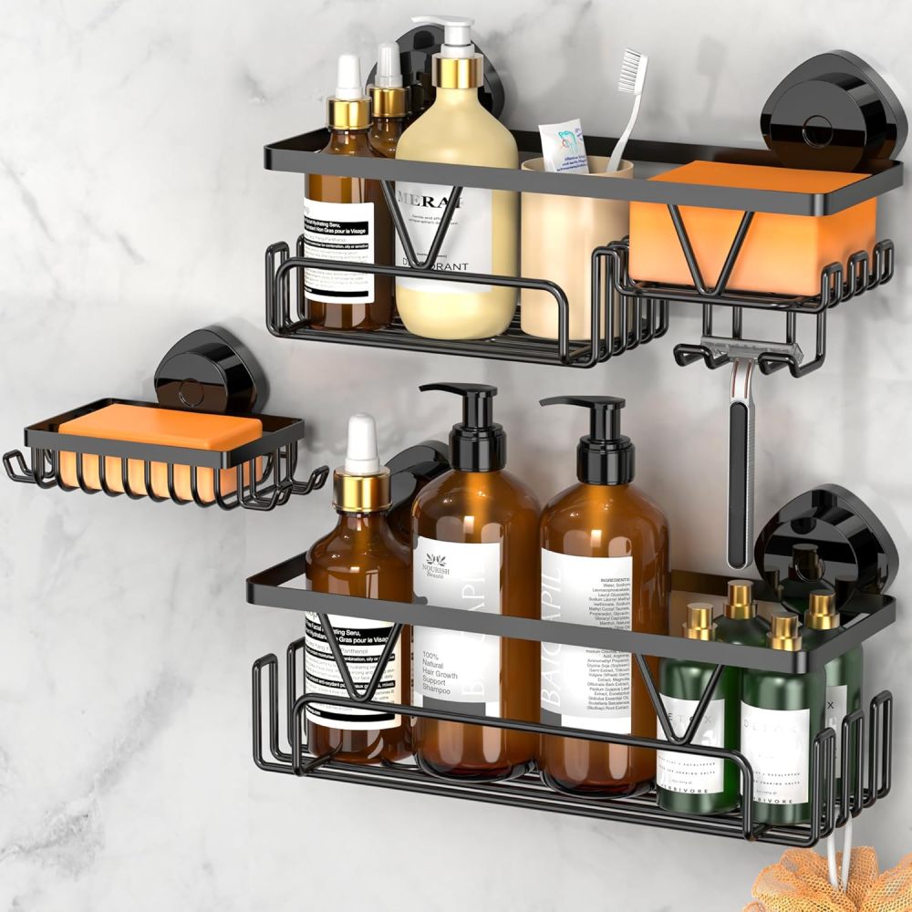 KEGII Shower Holder Suction Cup – Detachable suction cup bathroom organizer with soap holder, razor holder and hooks, rust-proof shower storage, no-drill black bathroom storage basket