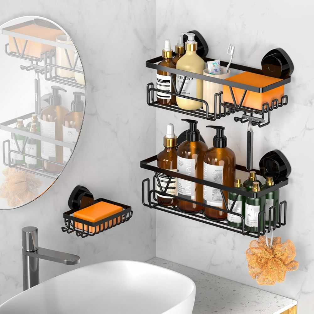 KEGII Shower Holder Suction Cup – Detachable suction cup bathroom organizer with soap holder, razor holder and hooks, rust-proof shower storage, no-drill black bathroom storage basket