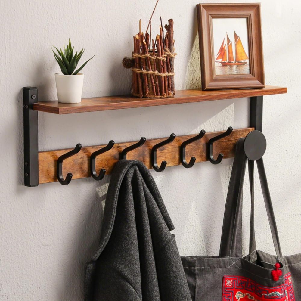 KEGII wall-mounted coat rack with shelf, 23.6-inch (approx. 59.9 cm) wooden wall hooks, with shelf and 6 hooks and bag hooks, entrance rack with hooks, suitable for living room, bathroom, bedroom, brown