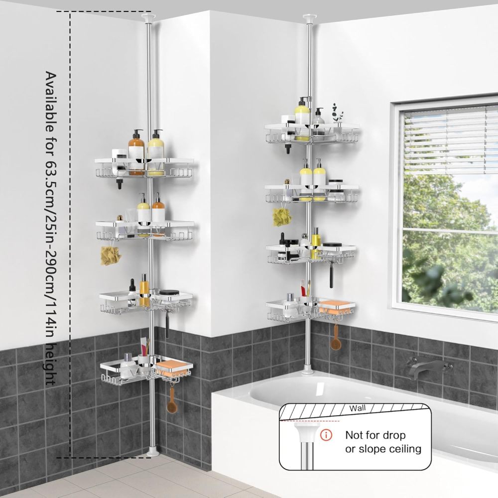 KEGII Corner Shower Tension Bar - Chrome-plated 4-tier Adjustable Shower Tension Bar Storage Rack with Hooks and Soap Holder, 25-114.2 inch Stainless Steel Shower Storage Rack, Suitable for Tenants and Families.