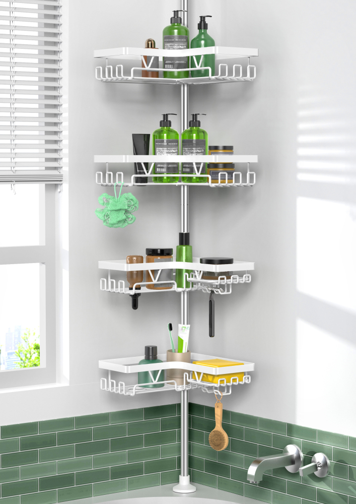 KEGII Corner Shower Caddy Tension Pole - 4-Tier Rustproof Bathroom Organizer, Floor to Ceiling Shower Caddy 25-114.2 inch（White)
