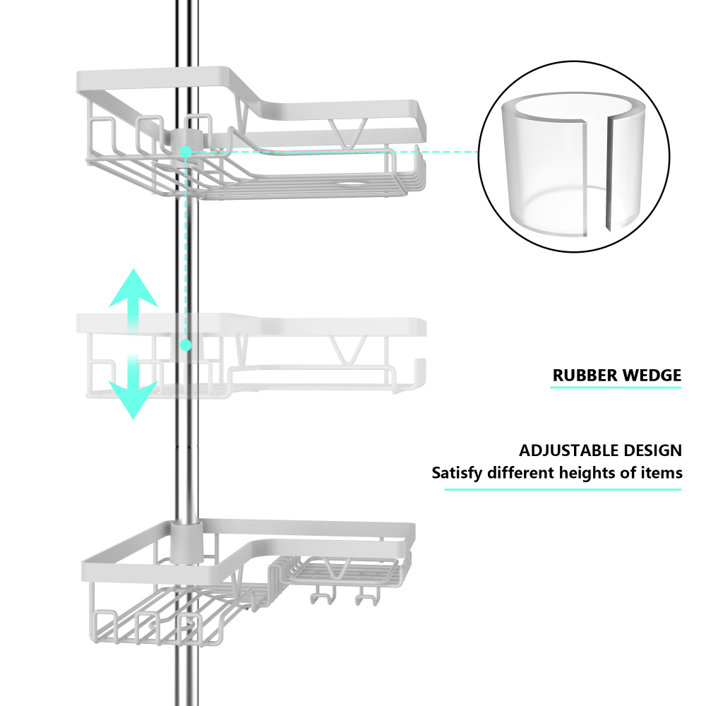 KEGII Corner Shower Caddy Tension Pole - 4-Tier Rustproof Bathroom Organizer, Floor to Ceiling Shower Caddy 25-114.2 inch（White)