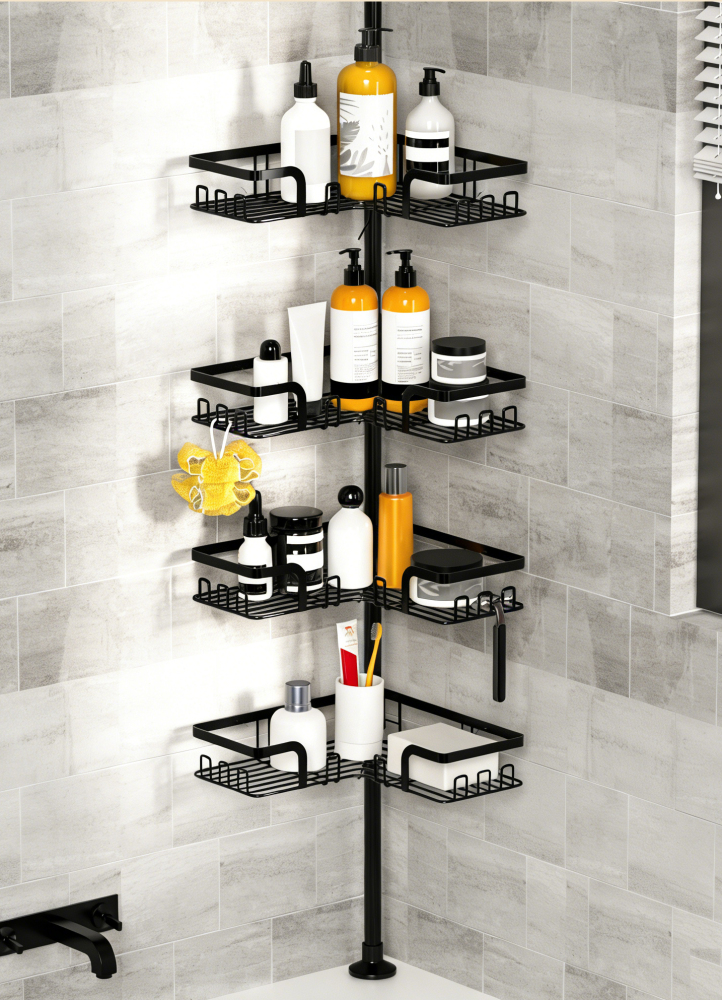 KEGII Telescopic Shower Caddy - Corner Shower Shelf Bathroom Corner Storage Bath Organizer Caddy without Drilling, 4 Basket Black