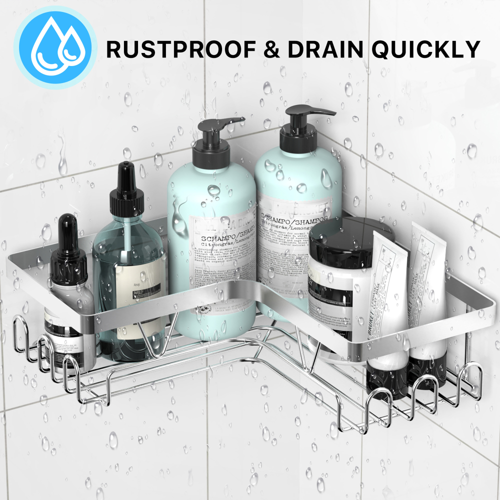 KEGII Corner Shower Caddy - Shower Organiser No Drilling Shower Shelf Adhesive Shower Storage Rack for Bathroom, Stainless Steel Silver