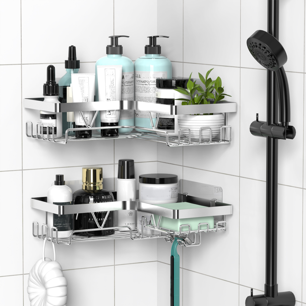 KEGII Corner Shower Caddy - Shower Organiser No Drilling Shower Shelf Adhesive Shower Storage Rack for Bathroom, Stainless Steel Silver