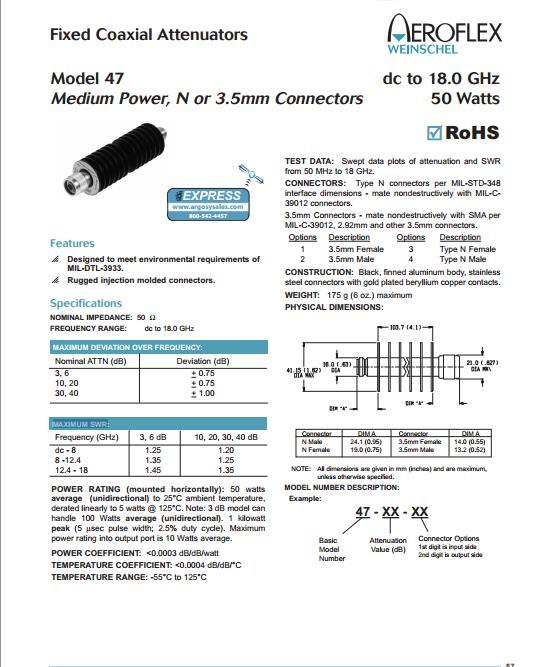 Weinschel DC-18GHZ 10dB 50W 47-10-34 high power coaxial fixed attenuator N