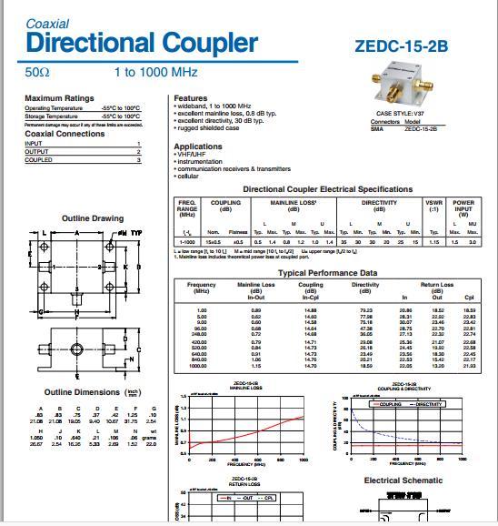 ZEDC-15-2B 1-1000MHZ 15dB Mini-Circuits coaxial directional coupler SMA