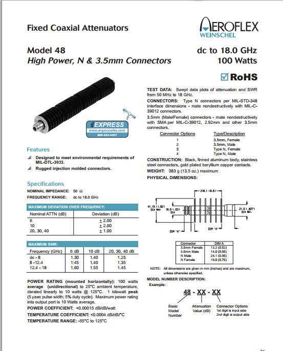DC-18GHZ 30dB 100W Weinschel 48-30-43 high power coaxial fixed attenuator N