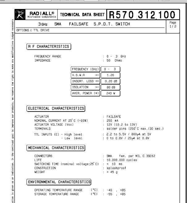 RADIALL R570312100 0-3GHZ SPDT RF switch 12V TTL control