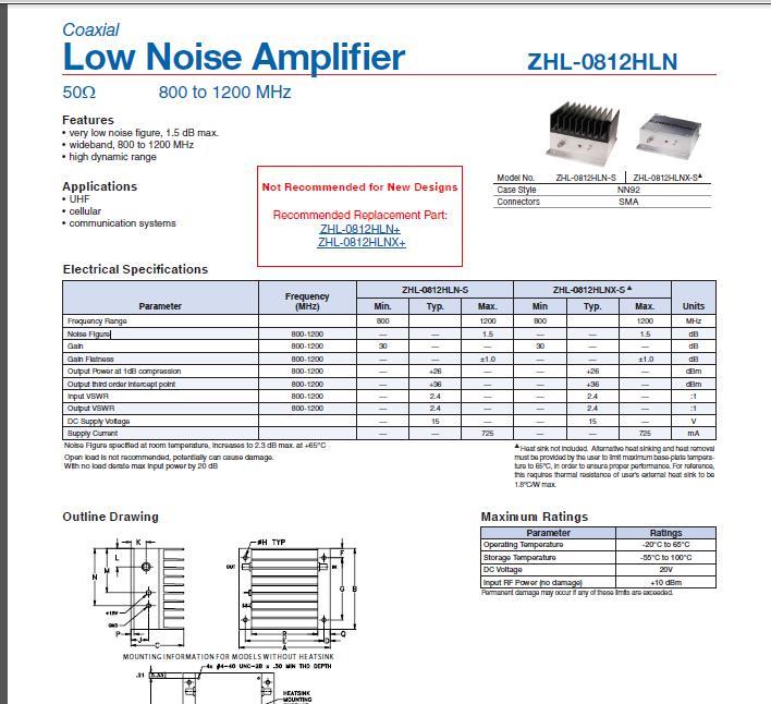 ZHL-0812HLN 800-1200MHz 26DBM Mini-Circuits RF low noise amplifier