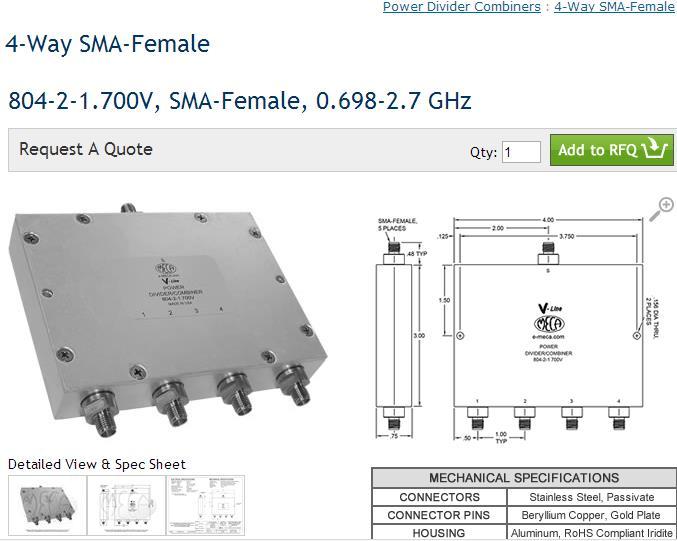 MECA 804-2-1.700V 0.698-2.7GHZ a four frequency microwave divider SMA
