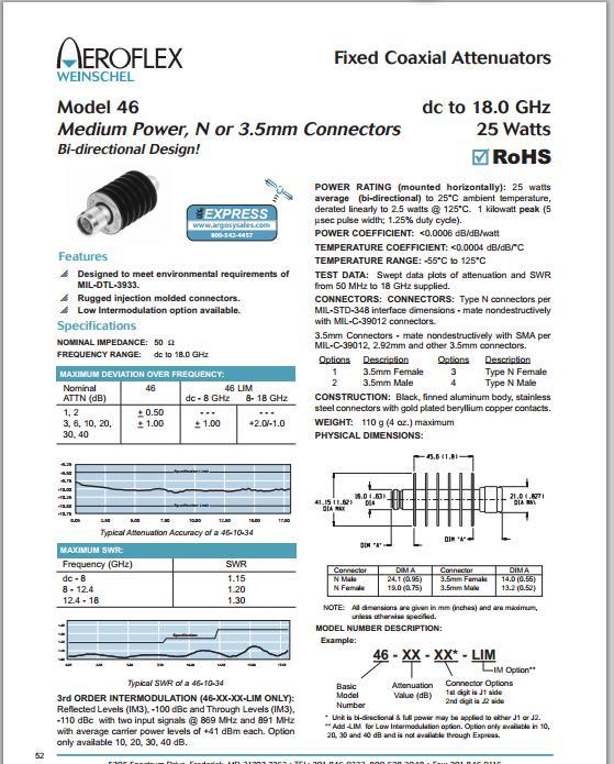 46-3-34 DC-18GHZ 3dB 50W Weinschel coaxial fixed attenuator N (F-M)