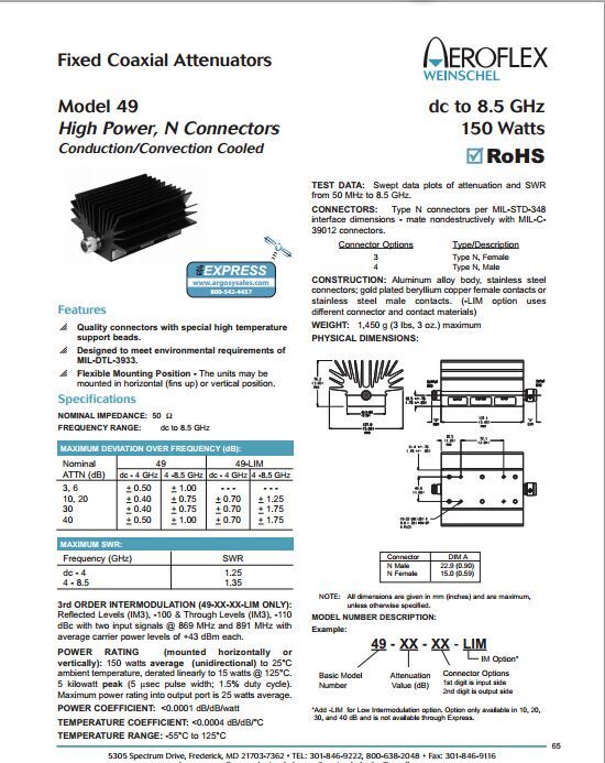49-20-33 DC-8.5GHZ 20dB 150W Aeroflex/Weinschel fixed attenuator N