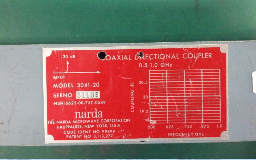 3041-20 0.5-1.0GHZ -20dB Narda coaxial directional coupler N