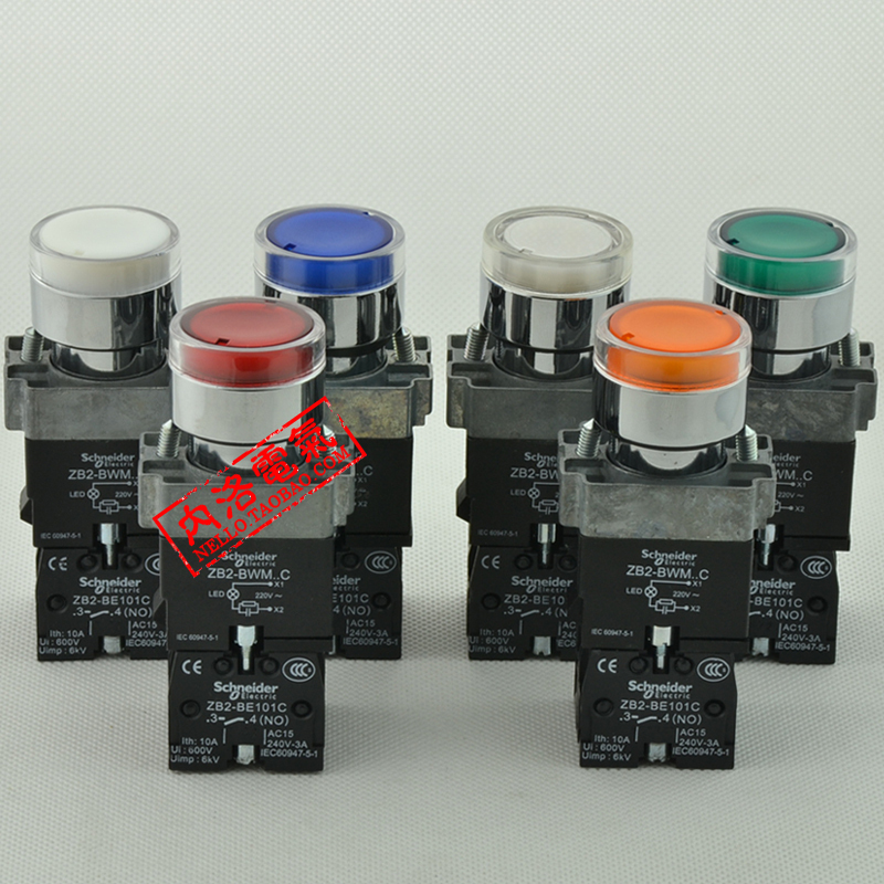 Schneider with light button switch, 22mm XB2-BW33 ZB2-BWM..C self reset, AC220V DC24V 1 normally open ZB2-BWM+ ZB2-BE101C