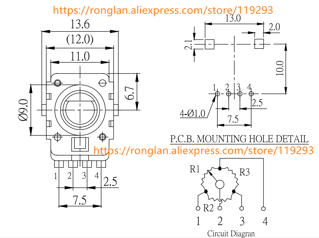 Taiwan alpha 142 vertical potentiometer 0B2.5K OB2.5K B2.5K OB20K 0B20K 4-pin 360 degree handle length 15MMF