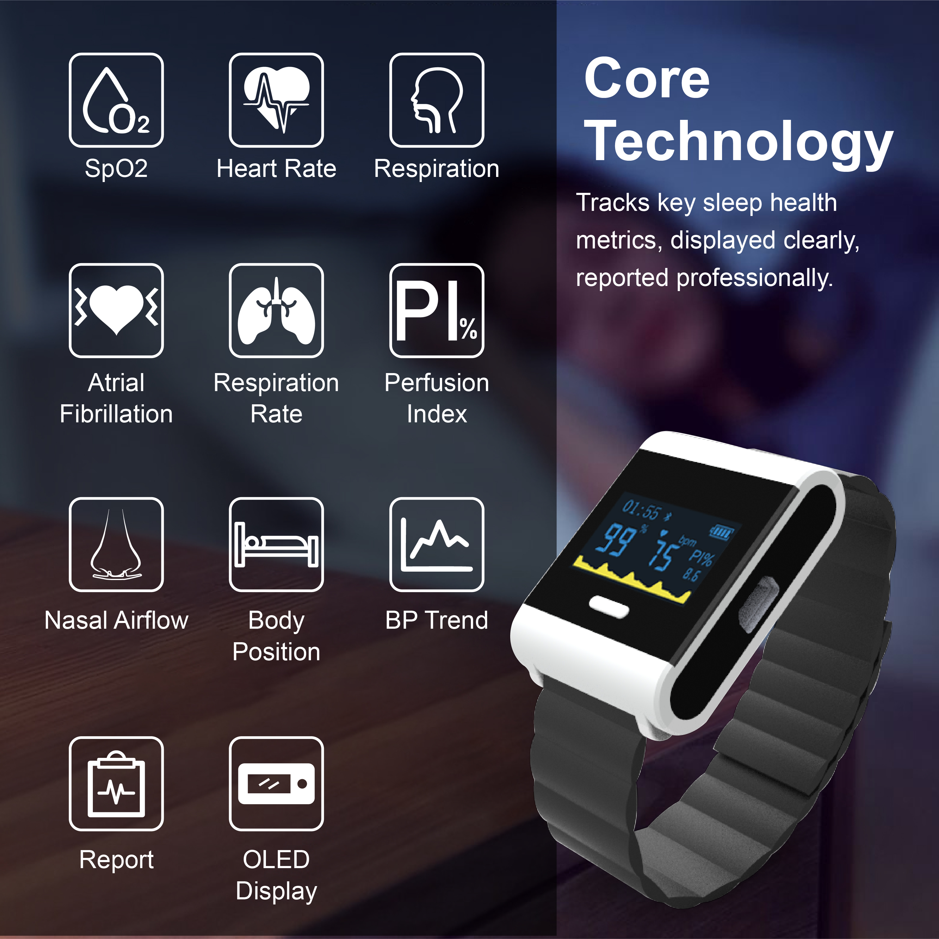 Compact PM50 wrist-wearable monitor designed for overnight hospital and home sleep testing