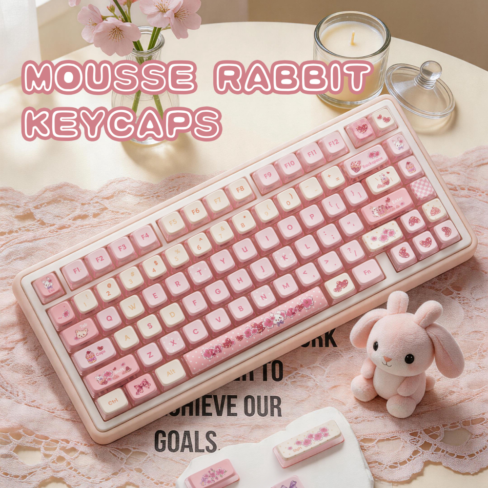 Mousse Rabbit Sakura Pink Cream Keycaps | 123 Keys Full Set MDA Backlit PBT Keycaps | Cute Kawaii Custom Keyboard Keycaps for Girls
