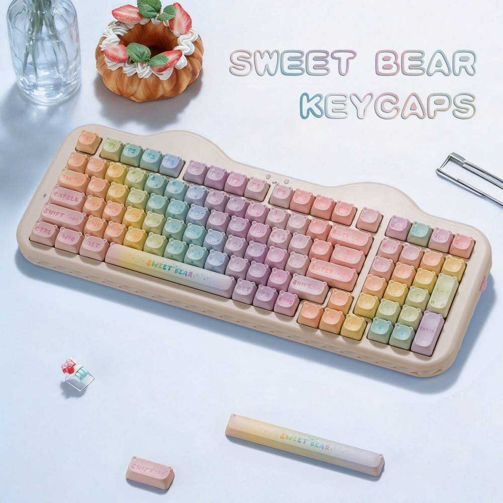 Macaron Gradient Bear Kawaii Keycaps MOA Profile 123 Keys Full Set, 5-Side PBT Dye Sublimation Custom Keycaps for Mechanical Keyboards